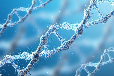 three blue diagonal dna chains against dark blue background. concept of science. 3d rendering.