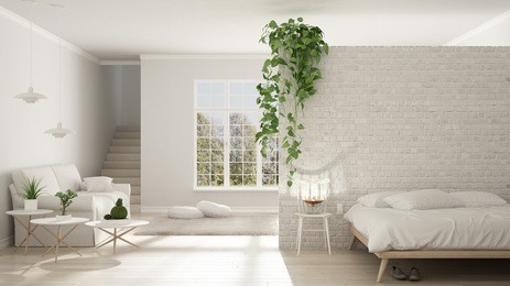 scandinavian white minimalist living with bedroom, open space, one room apartment, classic interior design, 3d illustration