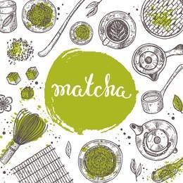 matcha concept. japanese ethnic and national tea ceremony. watercolor splash. lettering card. hand drawn vector illustration. can be used for shop, market, poster, emblem, sticker, placard.