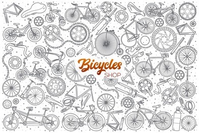 hand drawn bicycles shop doodle set background with orange lettering in vector