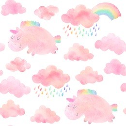 seamless pattern with hand drawn unicorns, rainbows and clouds. isolated on white watercolor unicorns and clouds for textile, fabric, wallpaper.