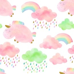 seamless pattern with hand drawn unicorns, rainbows and clouds. isolated on white watercolor unicorns and clouds for textile, fabric, wallpaper.