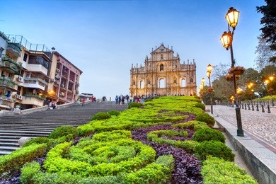 the ruins of st. paul's in macao at night.
