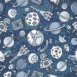 cartoon hand-drawn space, planets seamless pattern. lots of symbols, objects and elements. perfect funny vector background.