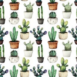 cactus in pots,watercolor illustration,set of plants, postcard for you, handmade, white background, seamless pattern, light  background