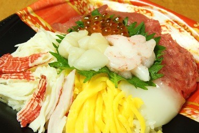 various kinds of sashimi raw fish with rice