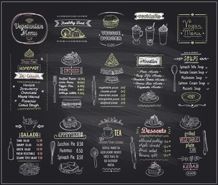 vegetarian and vegan food chalkboard menu design set, hand drawn line graphic illustration with desserts and drinks, soups, salads, pizza and noodles, vector collection