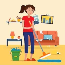 woman cleaning dirty room with a mop and a bucket of water. floor washing. flat style vector illustration.