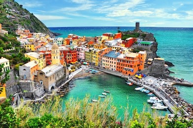 beautiful view of vernazza .is one of five famous colorful villages of cinque terre national park in italy, suspended between sea and land on sheer cliffs. liguria region of italy.