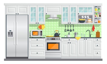 flat room vector illustration. indoor kitchen interior with, stove, cupboard, dishes and fridge. culinary decorations collection.