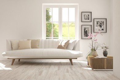 white room with sofa and green landscape in window. scandinavian interior design. 3d illustration