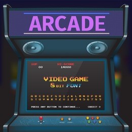 arcade video game font. 8 bit font. arcade retro machine.