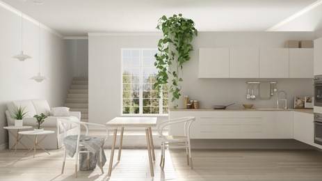 scandinavian white minimalist living with kitchen, open space, one room apartment, modern interior design, 3d illustration