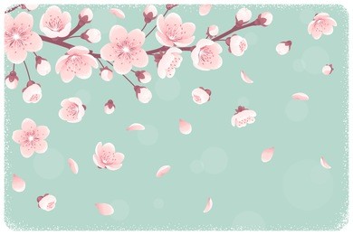 horizontal template with cherry blossom, spring flowers, falling petals. retro vector illustration. place for your text. design for invitation, banner, card, poster, flyer