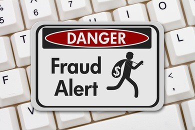 fraud alert danger sign, a black and white danger sign with text fraud alert and theft icon on a keyboard 3d illustration