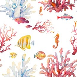watercolor coral reef seamless pattern. hand drawn realistic background design: tropical fishes, corals, sea horse on white background. natural repeating texture design for paper, fabric, wallpaper