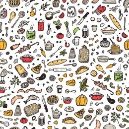 cooking vector seamless pattern. hand drawn doodle food and kitchen utensils.