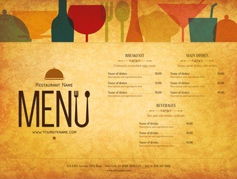 restaurant menu design. vector brochure template for cafe, coffee house, restaurant, bar. food and drinks logotype symbol design. with a sketch pictures