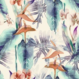 exotic flowers seamless pattern. watercolor background.