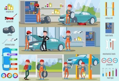 car repair service infographic concept with workers replacing tyres making diagnostic and different mechanic tools vector illustration
