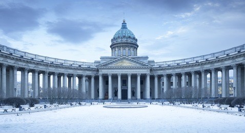 panorama of kazan cathedral in winter, st. petersburg, russia