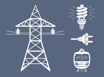 high voltage power line transmission tower or pylon, energy saving light bulb or lamp, ac plug, subway or emu train. electricity icons set.