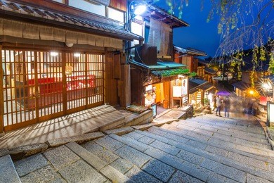 japanese old town in higashiyama district of kyoto at night, japan