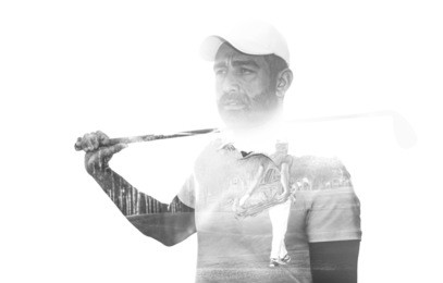 double exposure of senior golf player holding club combined with green field