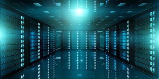 dark server room data center storage with blue lights 3d rendering