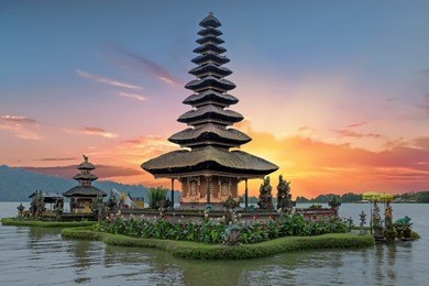ulun danu temple beratan lake in bali indonesia at sunset