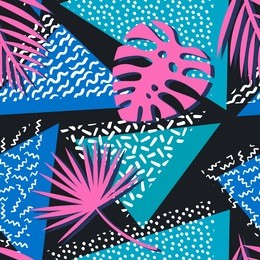 seamless tropical vector pattern with tropical plants and palm leaves. fashion memphis print for design.