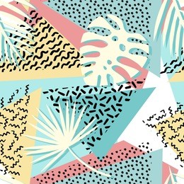 seamless tropical vector pattern with tropical plants and palm leaves. fashion memphis print for design.
