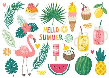 set of cute summer icons: food, drinks, palm leaves, fruits and flamingo. bright summertime poster. collection of scrapbooking elements for beach party.