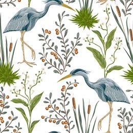 seamless pattern with heron bird and swamp plants. vintage hand drawn vector illustration in watercolor style