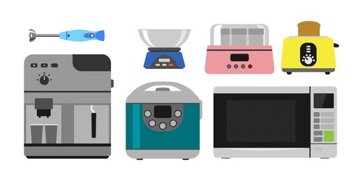 home appliances cooking kitchen home equipment and flat style household cooking set electronics food template technology icon concept vector.