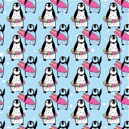 seamless pattern with penguins. drawing by hand in vintage style. a sketch, an ink drawing. cute children's background. bright, summer colors.