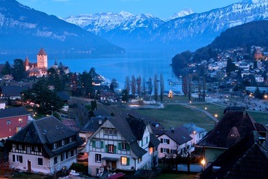 spiez castle and alps night scene switzerland