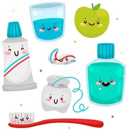 set of elements for healthy teeth; toothbrush, toothpaste, dental mouthwash, dental floss,  glass of water, apple, cartoon characters, oral dental hygiene, vector.