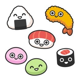 cartoon japanese food with cute faces. sushi rolls and tempura shrimp, onigiri and mochi. kawaii vector illustrations.