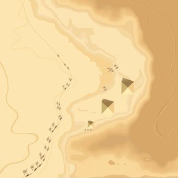 decorative stylized abstract desert relief map. vector illustration with a relief terrain, sands, pyramids, caravan with camels and smooth curvilinear forms.