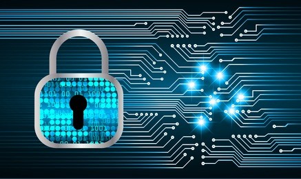 safety concept, closed padlock on digital background, cyber security, blue abstract hi speed internet technology background illustration. key vector