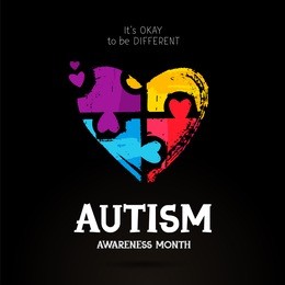 autism awareness month. it's okay to be different. trend lettering. multicolored puzzle in the form of heart of brush strokes. healthcare concept. illustration on a black background.