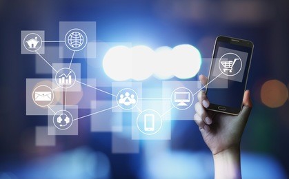 man using mobile payments and customers shopping online network connection icon on the screen. m- bank and omni channel