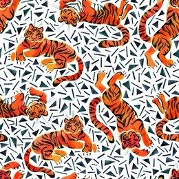 seamless pattern with watercolor tigers in trendy memphis style