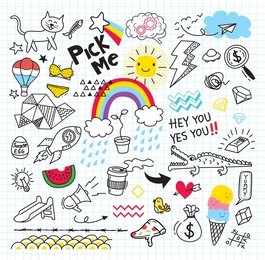 set of colorful doodle on paper background