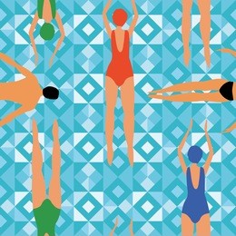 swimmer men and women engaged in sports swimming. geometric background. art top summer seamless pattern vector. print people
