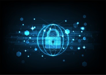 cyber security concept: padlock with keyhole icon on digital data background. illustrates cyber data security or information privacy idea. blue abstract hi speed internet technology.