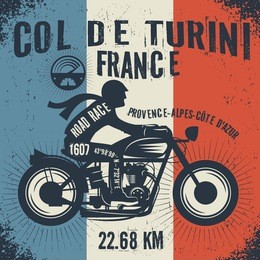 biker driving a motorcycle. label with text col de turini, france. poster motorcycle club. vector illustration