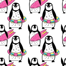 seamless pattern with penguins. drawing by hand in vintage style. a sketch, an ink drawing. cute children's background. bright, summer colors.
