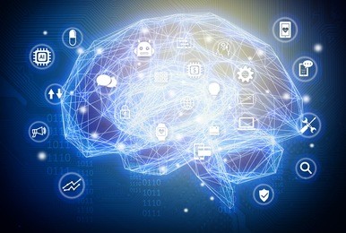 machine learning , artificial intelligence , ai , deep learning and future concept. wireframe brain connect with circuit electronic graphic , binary code and technology icons background.blue tone